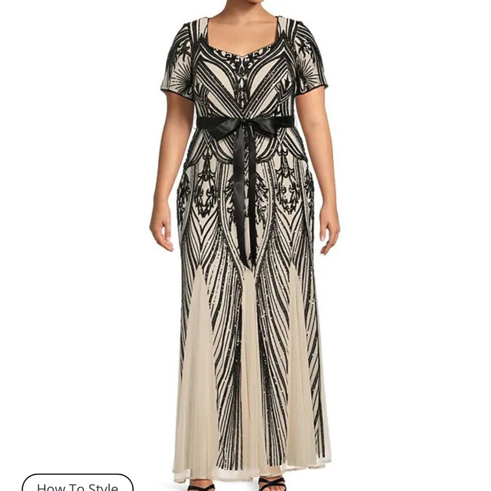 R&M Richards Black and Cream formal gown with Tie Front